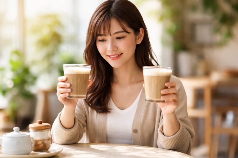 日本人女性がカフェで2つのミルク入りコーヒーを持ち、カフェオーレとミルクコーヒーの違いを見比べている