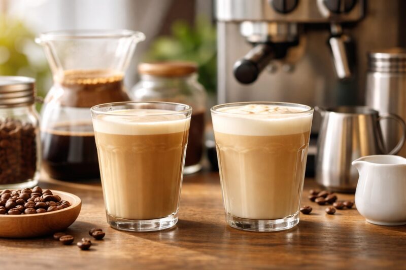 木のテーブルに並ぶ2杯のミルク入りコーヒーと抽出器具、カフェオーレとミルクコーヒーの違いが伝わるイメージ