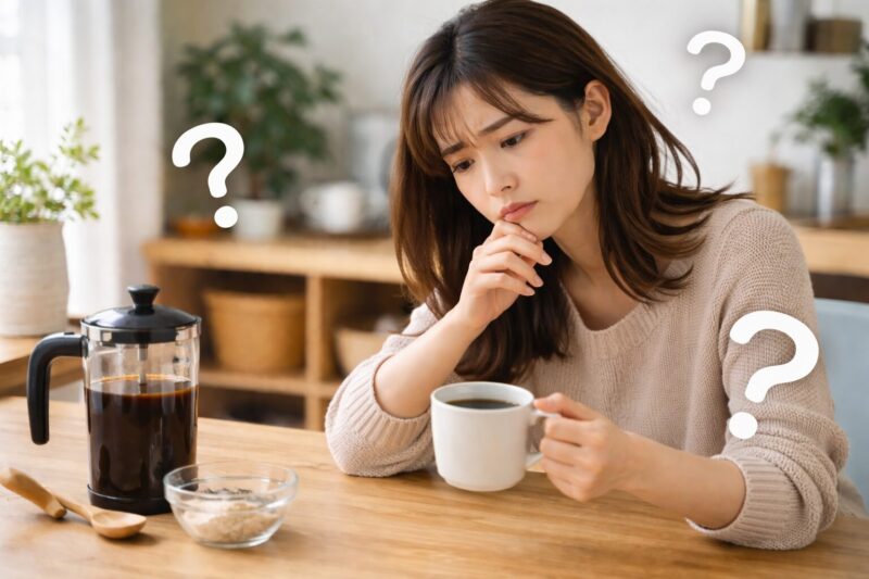 コーヒーを前にして気持ち悪さや違和感を感じ、飲めなくなった原因を考える日本人女性