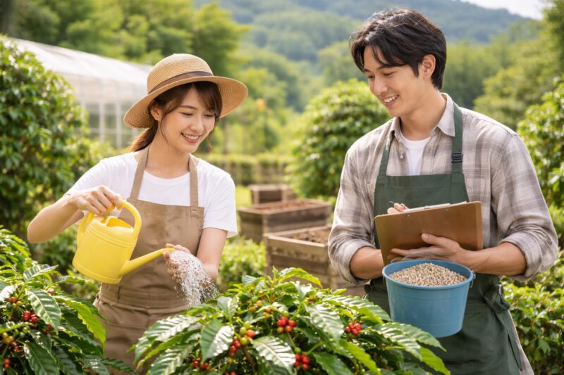 日本人の男女がコーヒーの木に水やりをして育てている様子
