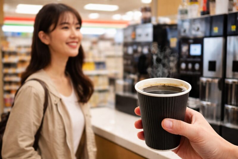 セブンイレブン店内で淹れたてのコーヒーを手にする日本人女性