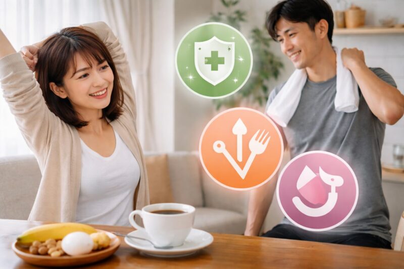 コーヒーと軽い朝食で体調管理を意識する日本人カップル