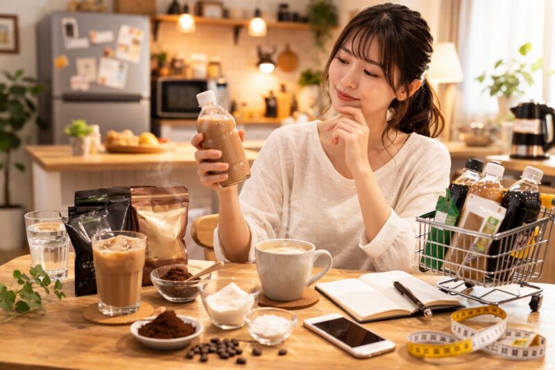 自宅キッチンでダイエットコーヒー飲料を確認する日本人女性 コーヒー牛乳アレンジ検討の場面