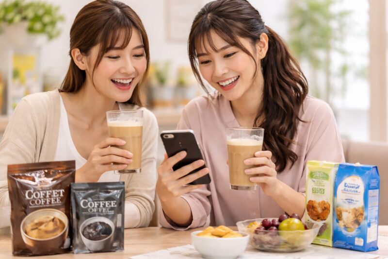 ドンキのダイエットコーヒーを豆乳で割ったコーヒー牛乳を飲みながら口コミをチェックする日本人女性