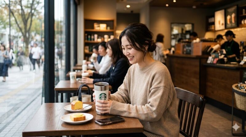 スタバ店内の窓際でコーヒーとスイーツを楽しむ日本人女性