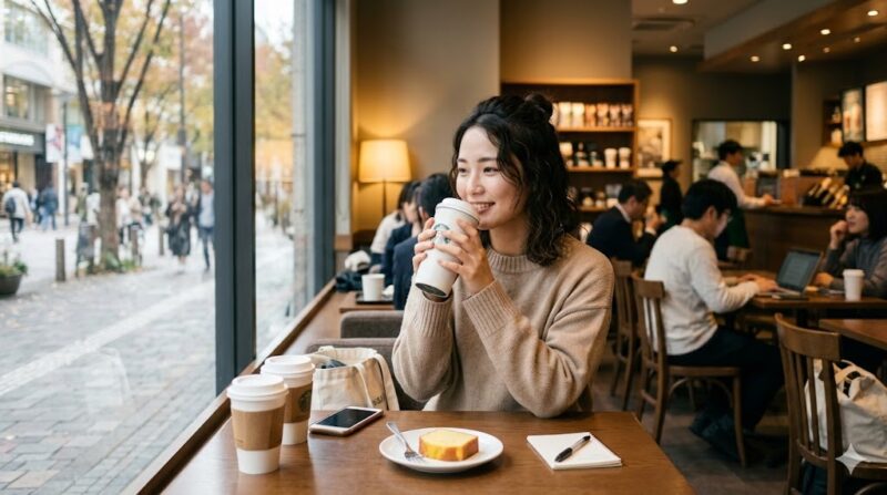 スタバの窓際席でコーヒーを飲みながらくつろぐ日本人女性