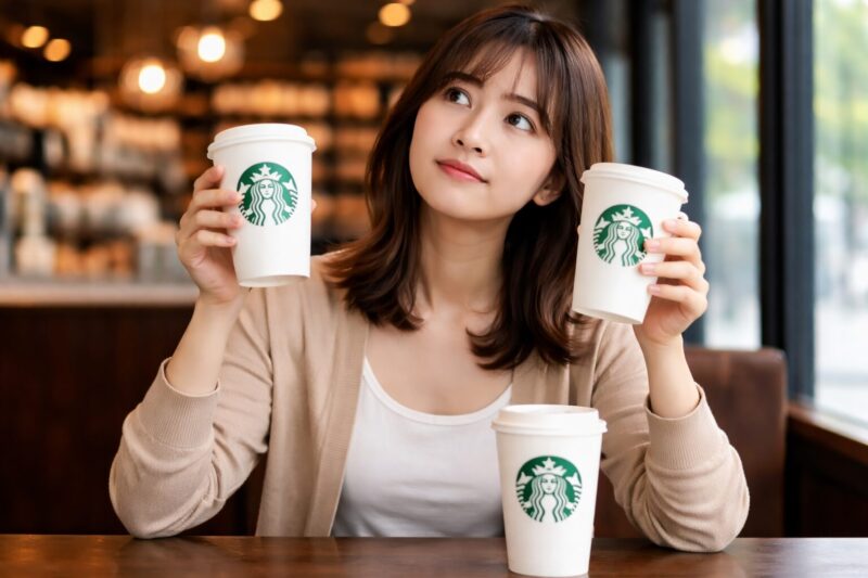 スタバのコーヒーカップを2つ持ちワンモアコーヒーの仕組みを考える日本人女性