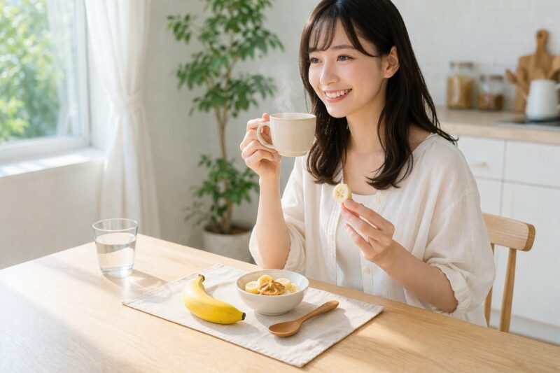 バナナとコーヒーを朝食に楽しむ日本人女性の様子