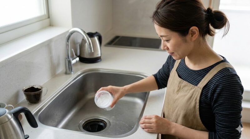 重曹を使ってコーヒーかすの排水溝つまりを予防する日本人女性
