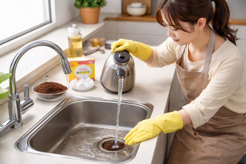 コーヒーかすによる排水溝つまりをぬるま湯で対処する日本人女性