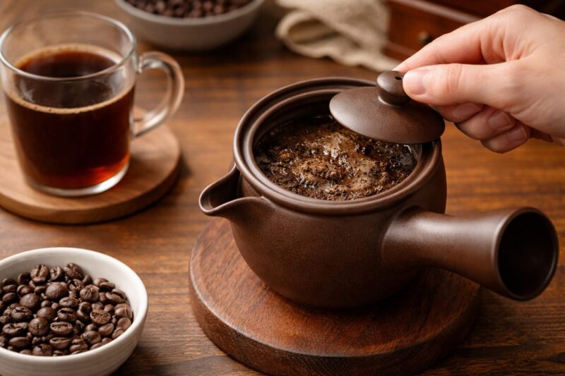 コーヒー急須で抽出している様子と粉の状態
