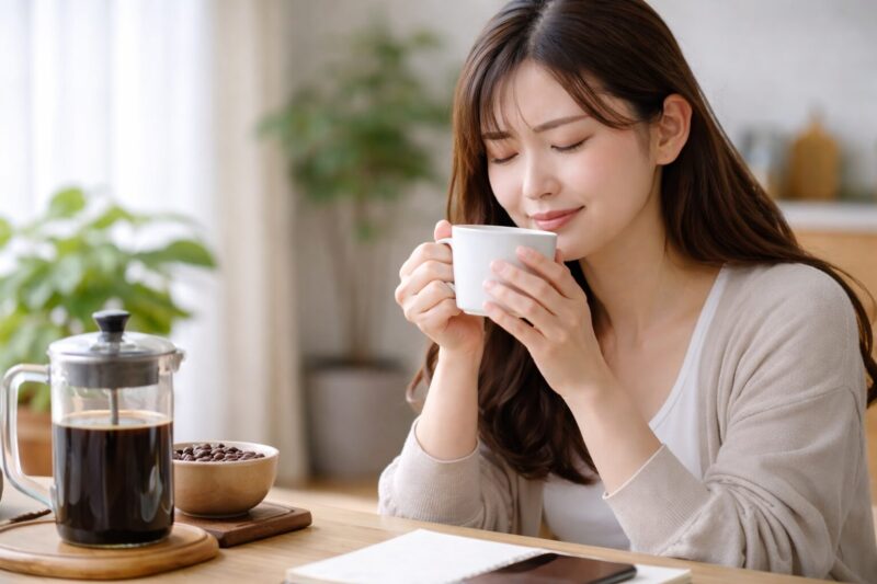 コーヒーを飲んでリラックスする日本人女性