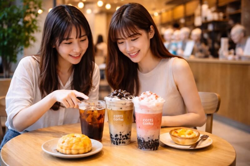 cotti coffee 神保町一丁目店 コッティコーヒーでドリンクとスイーツを楽しむ女性