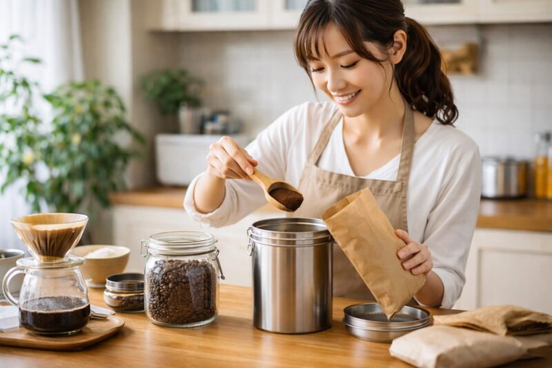 挽いたコーヒー豆を密閉キャニスターに保存する日本人女性のキッチン風景