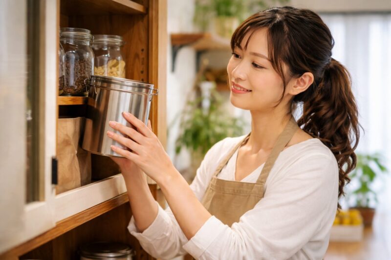 挽いたコーヒー豆を密閉容器に入れて冷暗所の棚へ収納する日本人女性