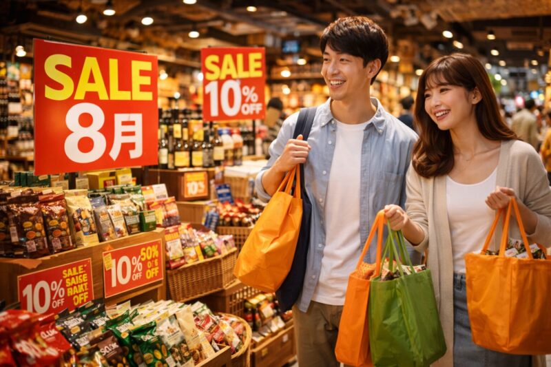 カルディのセールで買い物袋を持って買い物する日本人カップル