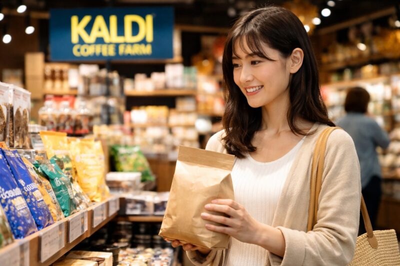カルディ店内で挽いたコーヒー豆の袋を手に取り選ぶ日本人女性
