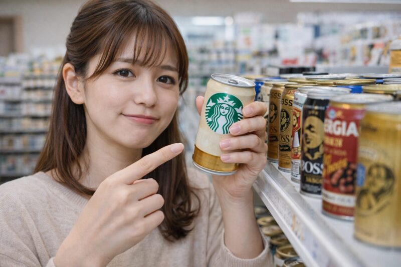 コンビニでスタバ缶コーヒーを選ぶ日本人女性の様子