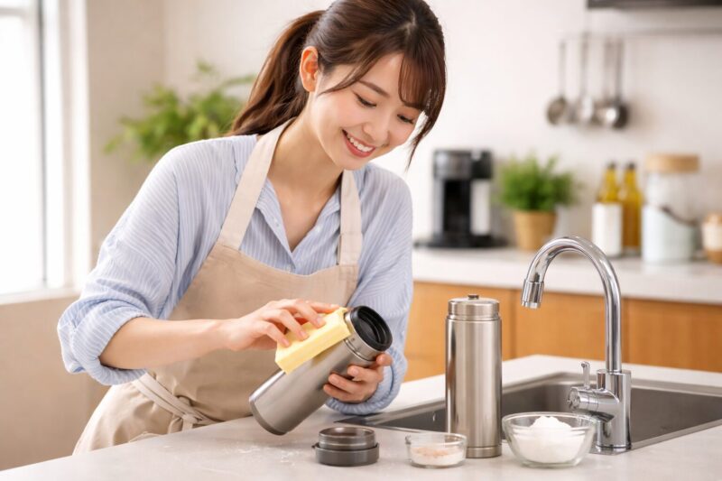 シンクでボトルブラシを使い、水筒の内部を丁寧に洗ってコーヒーの臭い移りを防ぐ