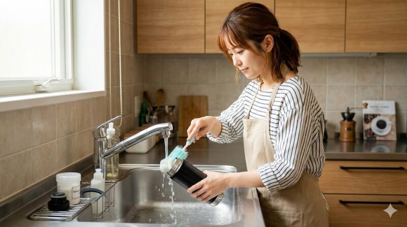 キッチンでステンレス水筒をスポンジで洗い、重曹を使ってコーヒー汚れと臭いを落とす様子