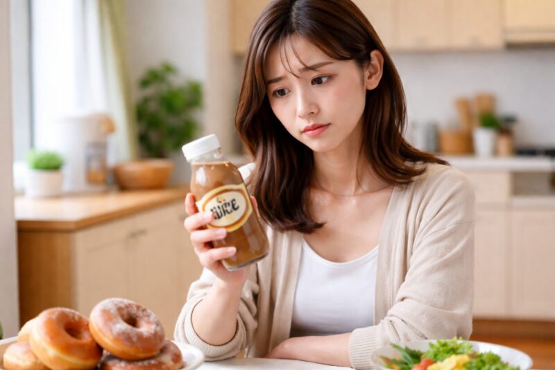 雪印コーヒー牛乳を見て体に悪いか悩む日本人女性